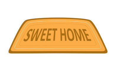 Cartoon wool carpet. Colorful sticker with cozy rug for hallway of house. Sweet home. Beige mat with lettering. Home interior decoration. Flat vector illustration isolated on white background