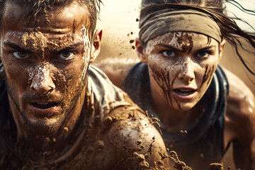 The man and woman running through a muddy obstacle course, showcasing their fitness and perseverance. Generative AI. - obrazy, fototapety, plakaty