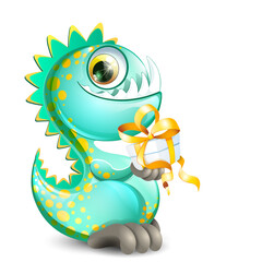 Cute funny cartoon dinosaur holding little gift box with yellow bow
