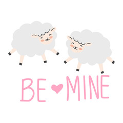 Valentine's day background with cute sheep cartoon and heart sign symbol