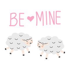 Valentine's day background with cute sheep cartoon and heart sign symbol