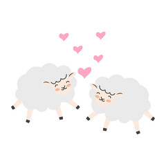 Valentine's day background with cute sheep cartoon and heart sign symbol