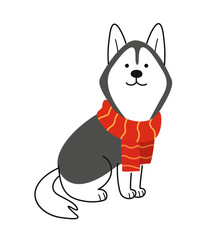 Cute Doodle Dog. Colorful sticker with fluffy northern husky in red scarf. Charming puppy. Funny smiling pet or domestic animal. Cartoon flat vector illustration isolated on white background