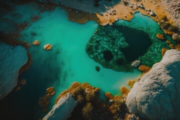 Cinematic aerial footage of beautiful nature abstract crystal clear emarald pool during sunrise