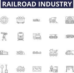Railroad industry line vector icons and signs. Railroad, Tracks, Locomotive, Train, Coal, Rolling-stock, Transport, Cargo outline vector illustration set