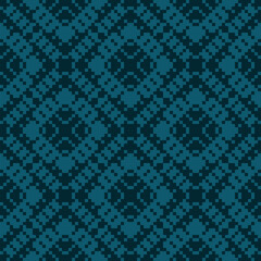 Vector geometric seamless pattern. Abstract ethnic texture with ornamental flower silhouettes, squares. Dark blue color. Tribal ethnic motif. Folk style background. Repeat decorative geo design