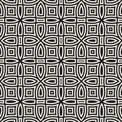 Vector geometric seamless pattern. Abstract linear ornamental texture with curved shapes, lines, flower silhouettes, leaves, repeat tiles. Black and white background. Repeat elegant tileable design