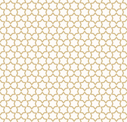 Abstract golden vector geometric seamless pattern. Traditional oriental ornament with outline stars, mesh, grid, flower silhouettes. Simple luxury gold and white background. Elegant repeat geo design