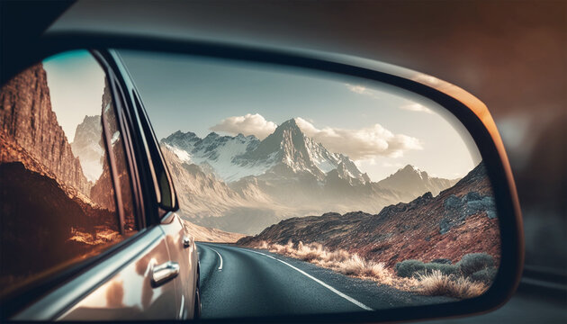 A view of the road and mountains in the rearview mirror. Generative AI.