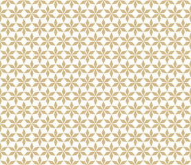 Abstract golden geometric seamless pattern in Oriental style. Luxury texture with floral lattice, mesh, grid, flower silhouettes. Gold and white elegant background. Asian ornament. Vector geo design