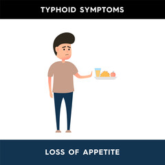 Vector illustration of a man who refuses to eat. A person does not feel hungry due to loss of appetite. Typhoid symptoms. Illustration for medical articles, posters.