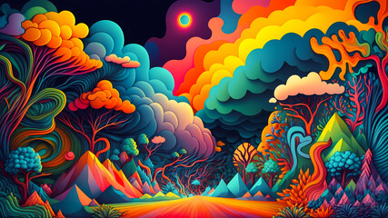 surreal colorful psychedelic mountain landscape wallpaper, created with generative ai