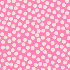 Fototapeta na wymiar Polka dot vector seamless pattern. Abstract minimal funky texture with small irregular white circles on pink background. Modern dots ornament pattern. Cute repeat design for decor, fabric, print, wrap