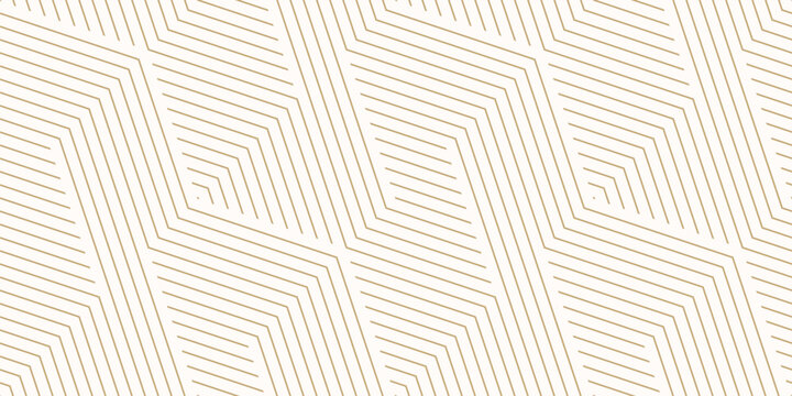 Geometric lines seamless pattern. Golden vector texture with thin diagonal stripes, lines, chevron, zigzag. Abstract gold and white graphic background. Luxury linear ornament. Trendy repeat design