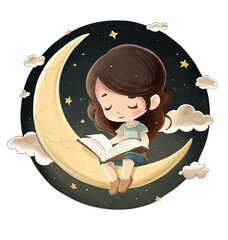 Girl reading a book sitting on the moon letting herself be carried away by her imagination