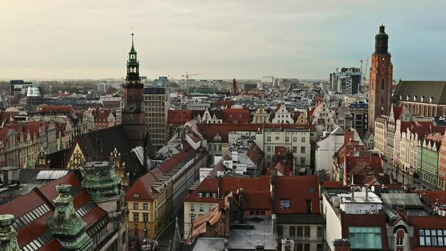 Medieval architecture of Wroclaw city in Poland, view from above to red roofs. Scenic old town in Europe
