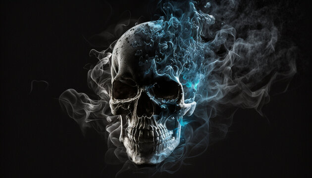 smoking skull on black background, generative ai
