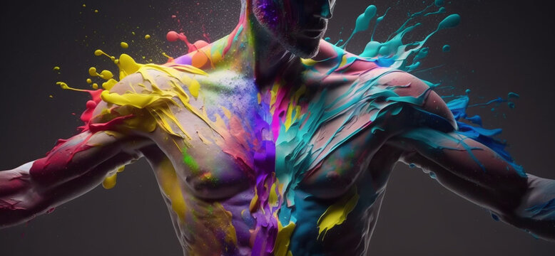 male body in multi-colored paints, generative ai