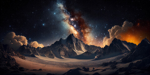 Obraz na płótnie Canvas Astrophotography mountainscape. AI generated illustration