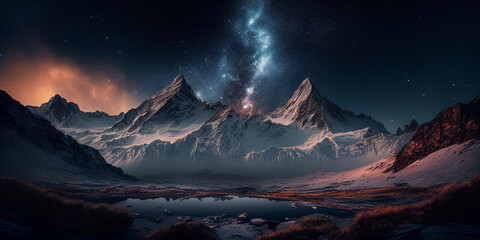 Fototapeta na wymiar Astrophotography mountainscape. AI generated illustration