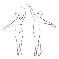 Silhouette of a cute lady and youth, they dance ballet. The woman and the man have beautiful slender figures. Girl ballerina and boyfriend dancer. Ballet dancer. Vector illustration