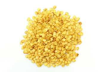 Pile of clean chilli seeds isolated on white background. Dry chili pepper flakes