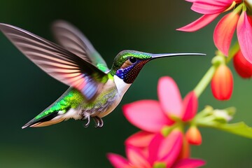 Fototapeta premium Hummingbird in the treetops in a tropical rainforest, bright flowers and leaves, exotic plants, vines. Wildlife concept of ecological environment. Generative AI