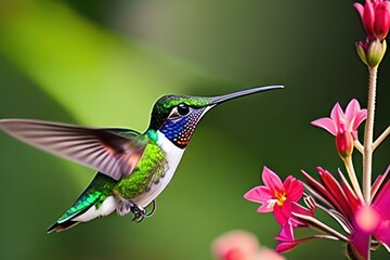 Hummingbird in the treetops in a tropical rainforest, bright flowers and leaves, exotic plants, vines. Wildlife concept of ecological environment. Generative AI