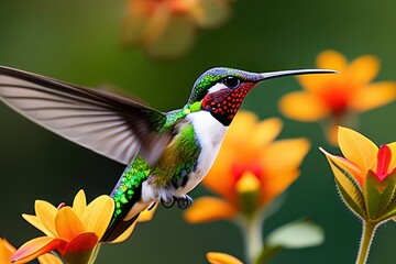 Fototapeta premium Hummingbird in the treetops in a tropical rainforest, bright flowers and leaves, exotic plants, vines. Wildlife concept of ecological environment. Generative AI