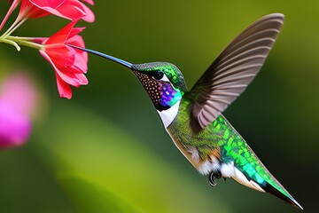 Obraz premium Hummingbird in the treetops in a tropical rainforest, bright flowers and leaves, exotic plants, vines. Wildlife concept of ecological environment. Generative AI