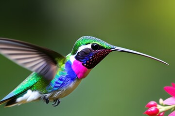 Fototapeta premium Hummingbird in the treetops in a tropical rainforest, bright flowers and leaves, exotic plants, vines. Wildlife concept of ecological environment. Generative AI