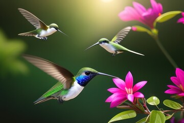 Hummingbird in the treetops in a tropical rainforest, bright flowers and leaves, exotic plants, vines. Wildlife concept of ecological environment. Generative AI