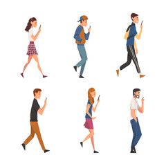 Fototapeta na wymiar People Character Walking and Speaking by Smartphone or Chatting Vector Set