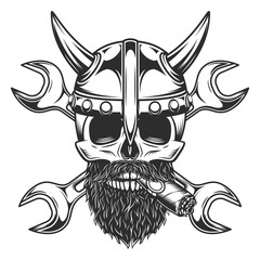 Viking skull smoking cigar or cigarette witn mustache with beard in horned helmet and construction builder plumbing wrench or body shop repair car and truck mechanic service tool crossed spanner