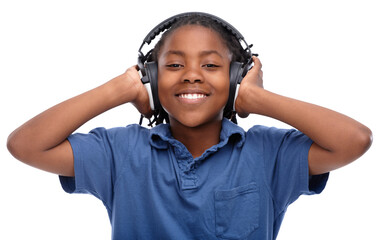 This tune is awesome. An African-American boy listening to music over his headphones.