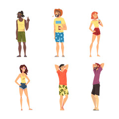 Relaxed People Character in Standing Enjoying Hot Summer Vector Set