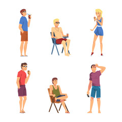Relaxed People Character in Standing Enjoying Hot Summer Vector Set