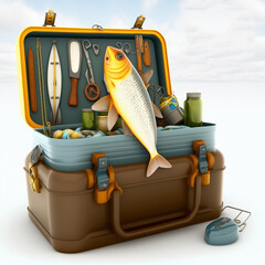A set of a fisherman's box with different tools and fishing tackle. ai illustration
