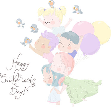 Cartoon Happy Kids celebrating Children s Day. Vector Illustration