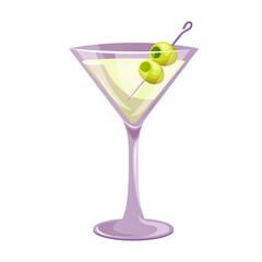 Martini classic cocktail with gin, vermouth, green olives. Italian aperitif cocktails. Alcoholic beverage for drinks bar menu. Beach Holidays, summer vacation, party, cafe bar, recreation. Vector