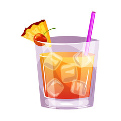 Mai Tai classic cocktail with rum, liqueur, pineapple, cherry. Italian aperitif cocktails. Alcoholic beverage for drinks bar menu. Beach Holidays, summer vacation, party, cafe bar, recreation. Vector