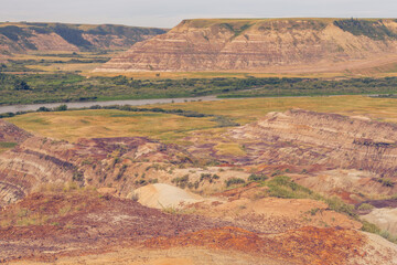 Landscape of the Badlands of Drumheller with the Red River