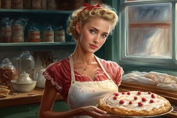 The pie maker, girl holding a pie looking at the camera. Generative AI