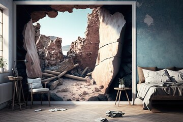 Concept of change. Leaving zone of comfort. Modern living room with a crumbling hole in the wall.