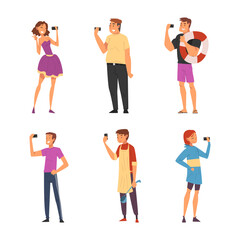 Young Man and Woman Holding Smartphone Having Video Call or Taking Selfie for Social Media Vector Set