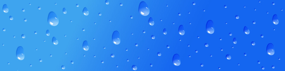 Water drops on blue background vector illustration. Liquid droplets isolated on blue gradient backdrop. Horizontal banner template Vector illustration