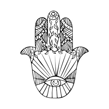 Hand drawn islamic, arabian or turkish, greek amulet Hamsa or Khamsa, Hamza hand.