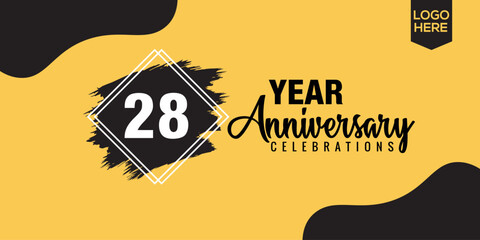 28th years anniversary celebration logo design with black brush and yellow color with black abstract vector illustration