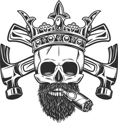 Skull smoking cigar or cigarette with mustache and beard and royal crown builder crossed hammers from construction business in monochrome vintage style illustration