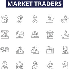 Fototapeta Market traders line vector icons and signs. market, vendors, retailers, dealers, stalls, hawkers, sellers,merchants outline vector illustration set obraz